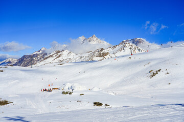 Fototapeta na wymiar Ski slopes of the Zermatt winter sports resort in the Swiss Alps, Canton of Valais, Switzerland