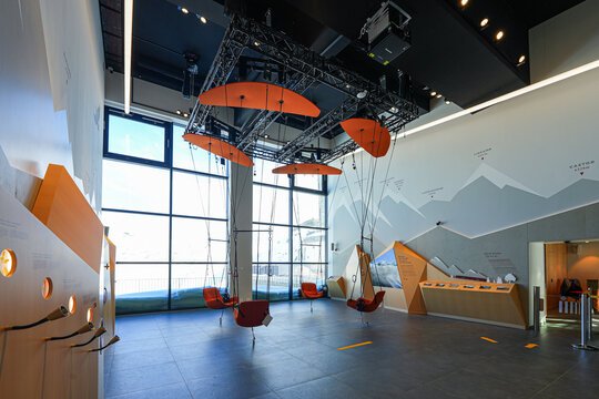Virtual reality interactive experience simulating a paragliding flight above the Matterhorn in the Zooom science museum at the summit of the Gornergrat in the Swiss Alps, Canton of Valais, Switzerland