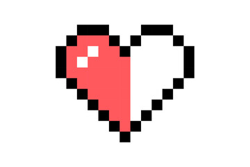Pixel element in 8-bit style isolated on white background. Icon in the shape of half a red heart, bright colors, life button in a computer game.