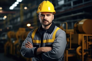 A worker dons a yellow hard hat and reflective vest, standing confidently in an industrial setting with obscured face and crossed arms. Dramatic lighting highlights the scene.