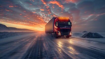 A red truck is traversing through a snowcovered road during sunset under a colorful sky with clouds, with its automotive lighting illuminating the way - obrazy, fototapety, plakaty