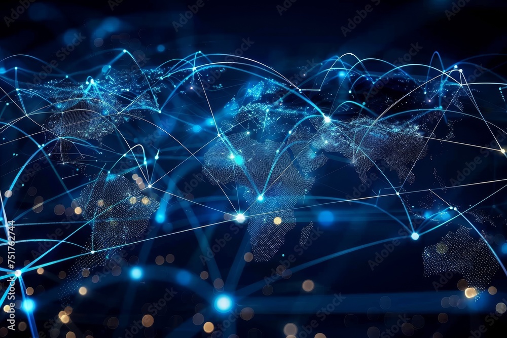 Poster digital world map with dynamic connections, symbolizing global networks.