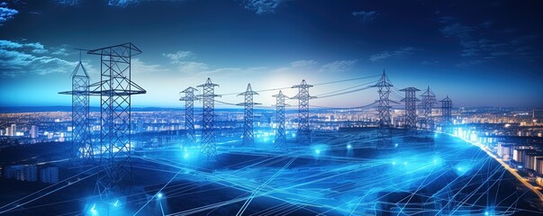 High power electricity poles in urban area connected to smart grid. Energy supply, distribution of energy, transmitting energy, energy transmission, high voltage supply concept photo