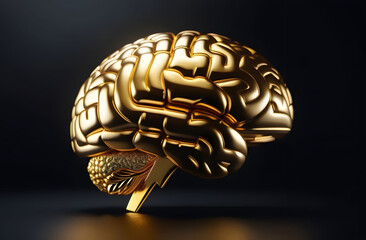 Human brain made of gold on a dark background. Concept of smart person, successful businessman, generator of profitable ideas.