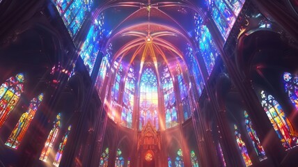 Illuminated church interior with radiant colors - Majestic view of the church's interior bathed in radiant colors from the stained glass, creating an ethereal atmosphere