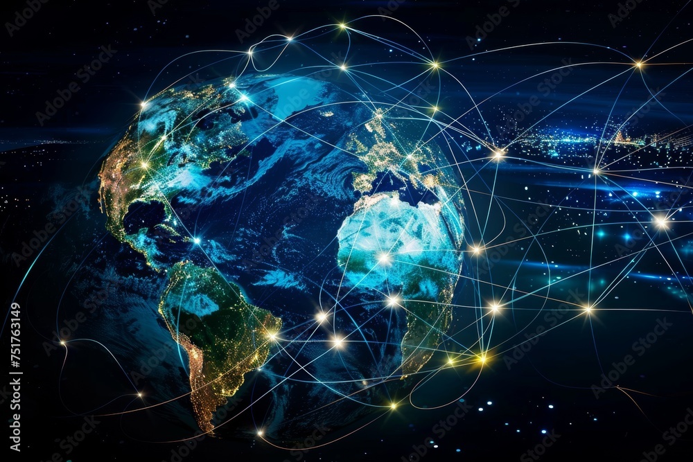Poster illuminated earth with intricate network lines, depicting global connectivity and data exchange.