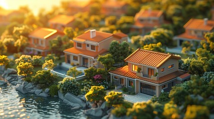A cluster of buildings nestled on a hill overlooking a serene body of water, surrounded by lush trees and a picturesque natural landscape in a peaceful neighbourhood - Powered by Adobe