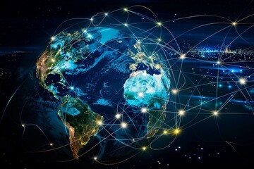 Illuminated Earth with intricate network lines, depicting global connectivity and data exchange.