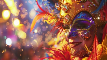 Vibrant carnival mask with feathers and gems - A dazzling carnival mask adorned with vibrant feathers, shimmering gems, and golden trims amidst festive bokeh lights