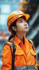 A confident asian worker in safety gear stands amidst industrial structures, ready for labor. a woman engineer