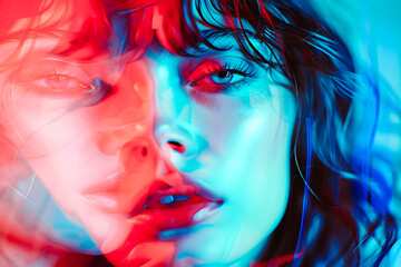 Obraz na płótnie Canvas Portrait d'une jeune femme en studio avec jeu de lumière bleue et rouge