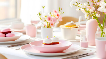 Easter sweets, French meringue, macaroons. Beautiful pink table setting with spring flowers for Easter celebration. Spring celebration tableware dinner serving. Decorative eggs, leaves, flowers