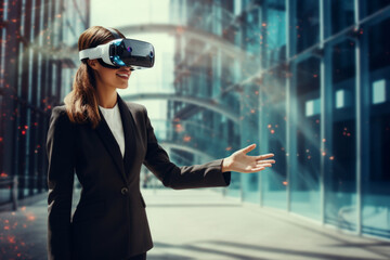A businesswoman in an online meeting presentation wearing a virtual reality headset