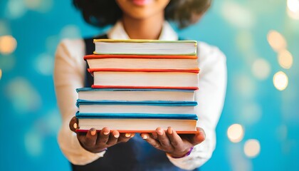 Young female child student shows hardcopy paper books as burden upon the young children needs to be replaced with AI tools in future - obrazy, fototapety, plakaty