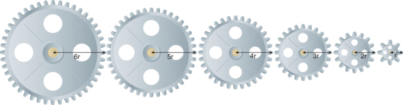 Metallic blue gears in 6 different diameters