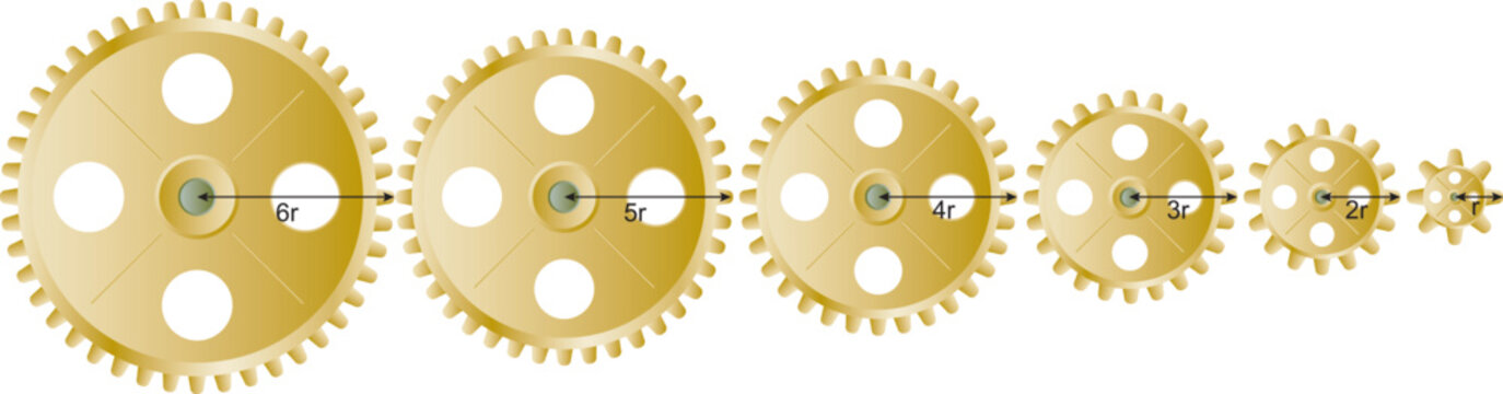 Metallic gold gears in 6 different diameters