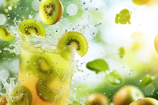  a tall glass filled with light green kiwi juice.  Ice cubes float in the juice, and a green kiwi slice with black seeds dangles from the rim.  Tiny water droplets cling to the outside of the glass. 