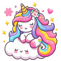 Obraz na płótnie Canvas Beautiful unicorn on a cloud, multicolored unicorn head for stickers, or to decorate invitations or book covers for girls, etc. Transparent background