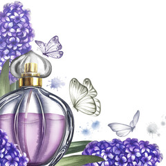 A frame with a perfume bottle made of transparent glass with hyacinth flowers. Vintage purple perfume. A hand-drawn watercolor illustration. For packaging, postcards and labels. For banners, flyers.