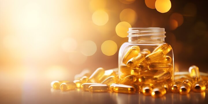Vibrant supplements bathed in sunlight against a golden bokeh backdrop. Concept Colorful Supplements, Sunlight Setting, Golden Bokeh, Vibrant Photography