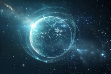 Radiant Earth with transparent orbits, in a star-filled galaxy.