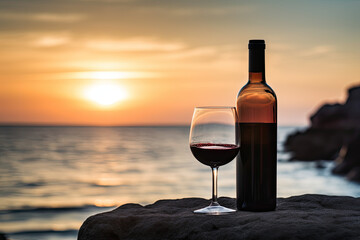 bottle of wine and a glass with blurry backgorund of  a beach at sunset