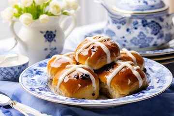 Homemade baked Easter traditional appetizing hot cross buns. Easter holiday baking beautifully decorated table for Easter, serving in white and blue, white ceramic plate, blossom willow branches