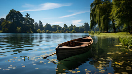 A serene lake surrounded by lush greenery, with a rowboat peacefully gliding on the water,...