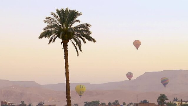 July 6, 2021 - West Bank, Luxor Egypt. Hot air balloons taking off at dawns first light and lofting their way across valley of the kings and other famous archeological sites.