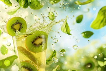 close-up of a glass overflowing with cloudy, light green kiwi juice.  Slices of kiwi with black seeds are splashing into the juice, creating a cascade of droplets.