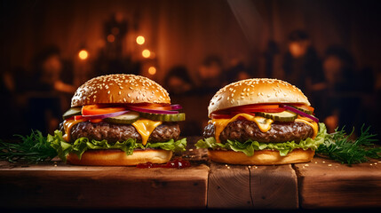 Close up of juicy burgers or cheeseburgers in the dark restaurant or the bar, with melted cheese,...
