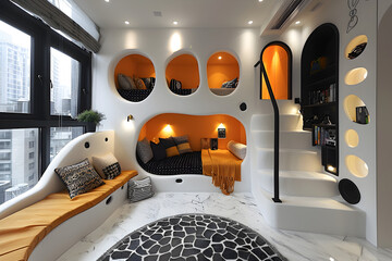 A modern children's playroom. Black and white interior design.