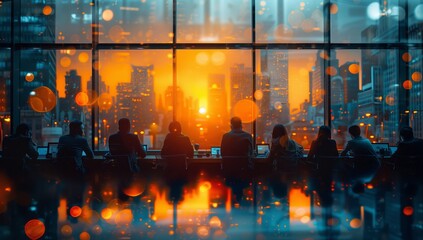 A group of people are gathered by a large window overlooking a metropolitan city at night, with the orange glow of the city lights reflecting off the water below, creating a mesmerizing atmosphere
