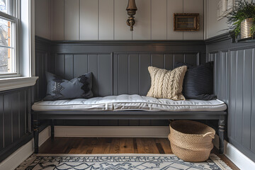 A modern black and white bench in a monochromatic mudroom. Interior design.