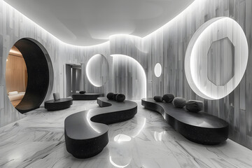 A minimalist playroom with geometric shapes. Black and white interior design.