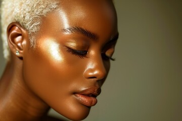 Closeup photo of a face of beautiful black woman with  platinum hair and  full lips on grey background