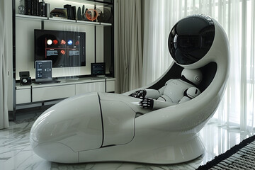 A sleek playroom with high-tech gadgets. Black and white interior design.