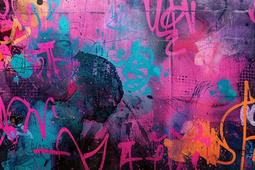 Foto auf Glas Generate a mottled background that evokes the dynamic patterns and colors of urban street art, with bold graffiti tags, splashes of paint, and abstract designs creating a backdrop that's alive w © Counter