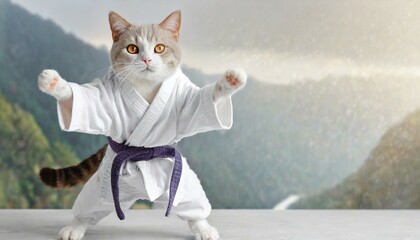 Funny cat in white kimono exercising yoga or Asian martial arts. Legs wide stance, paws in air. Banner with copy space on sid