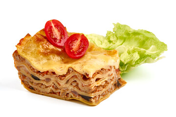 Lasagna, Traditional homemade Italian dish, isolated on white background
