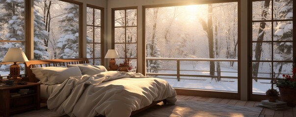 On a winter day, the bedroom bathed in warm sunlight streaming through the large windows offers a peaceful respite from the outside world, with the lush trees just beyond the walls and the cozy