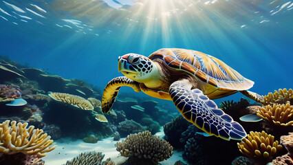 Sea turtle swimming in the ocean next to coral reef with sun shining through top of water.