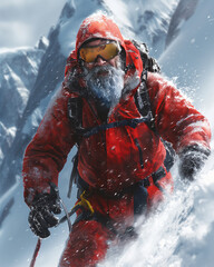 Mountaineer in a red suit (AI generated poster).