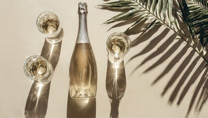 flat lay with white sparkling wine bottle set glasses wine with sunshine shadow palm leaf on light beige background white wine champagne aesthetic photo summer holiday monochrome still life
