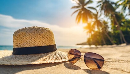 portrait of straw hat and sunglasses on sandy tropical beach and palm trees in the morning sun rays close up with soft blurred focus concept of exoctic vacation summer travel banner - obrazy, fototapety, plakaty