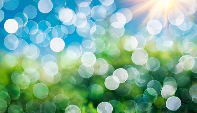 blurred white bokeh lights on blue green background abstract sky with bubbles or circles in magical fantasy design beautiful spring or summer background