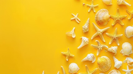 Assorted seashells scattered on a yellow background - A bright and vibrant image showcases a variety of seashells and starfish laid out on a yellow background, evoking a summer vibe