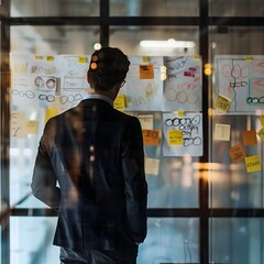 Businessman analyzing strategy on glass board - A businessman engages in strategic planning using a glass wall covered in notes and diagrams, denoting an analytical thought process