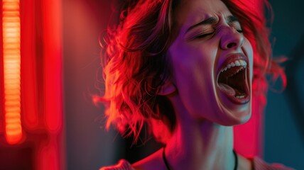 Woman with shout and scream - A stylized photo with a prominent red blurred square obscuring a person's face against a neon background