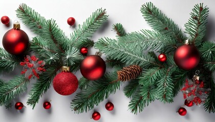 Obraz na płótnie Canvas christmas composition fir tree branches red and green decorations on white background christmas winter new year concept flat lay top view copy space
